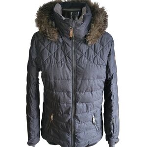 Roxy Quinn Dark Grey Snow Jacket with Faux Fur Hood M